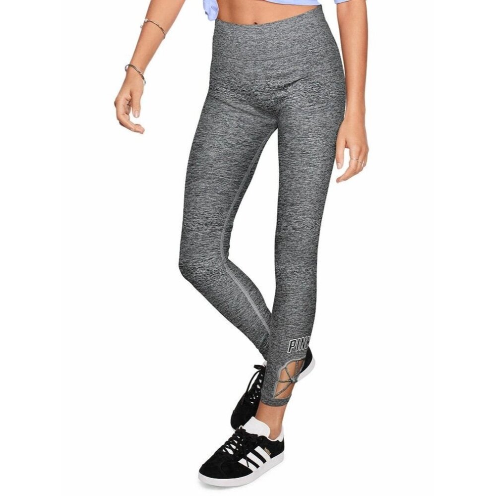 VICTORIA'S SECRET PINK ULTIMATE STRAPPY LEGGINGS-GRAY-NEW! SIZE LG - Picture 2 of 8